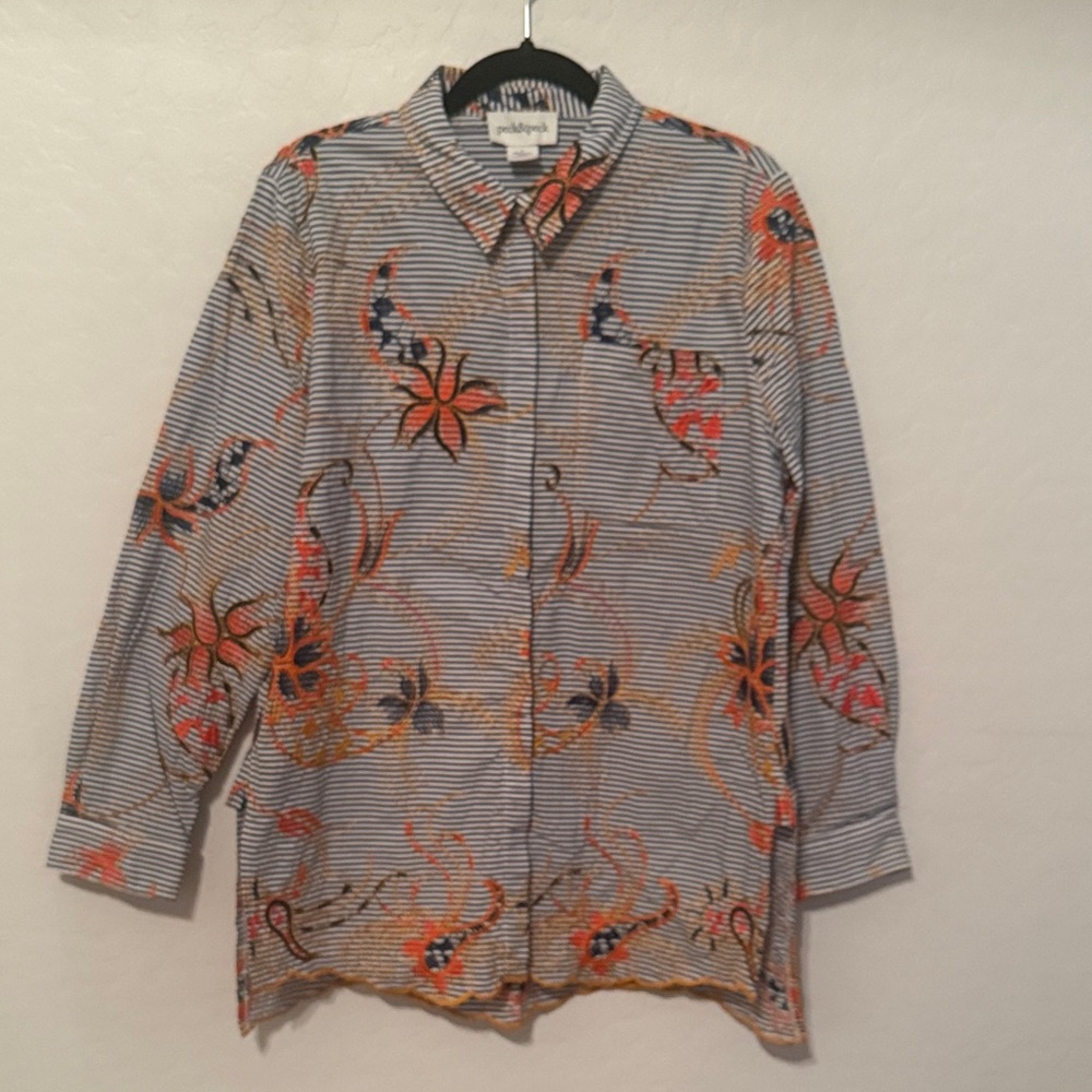 Peck & Peck Embroidered Floral Shirt Jacket - Orange and Blue. Size Large.